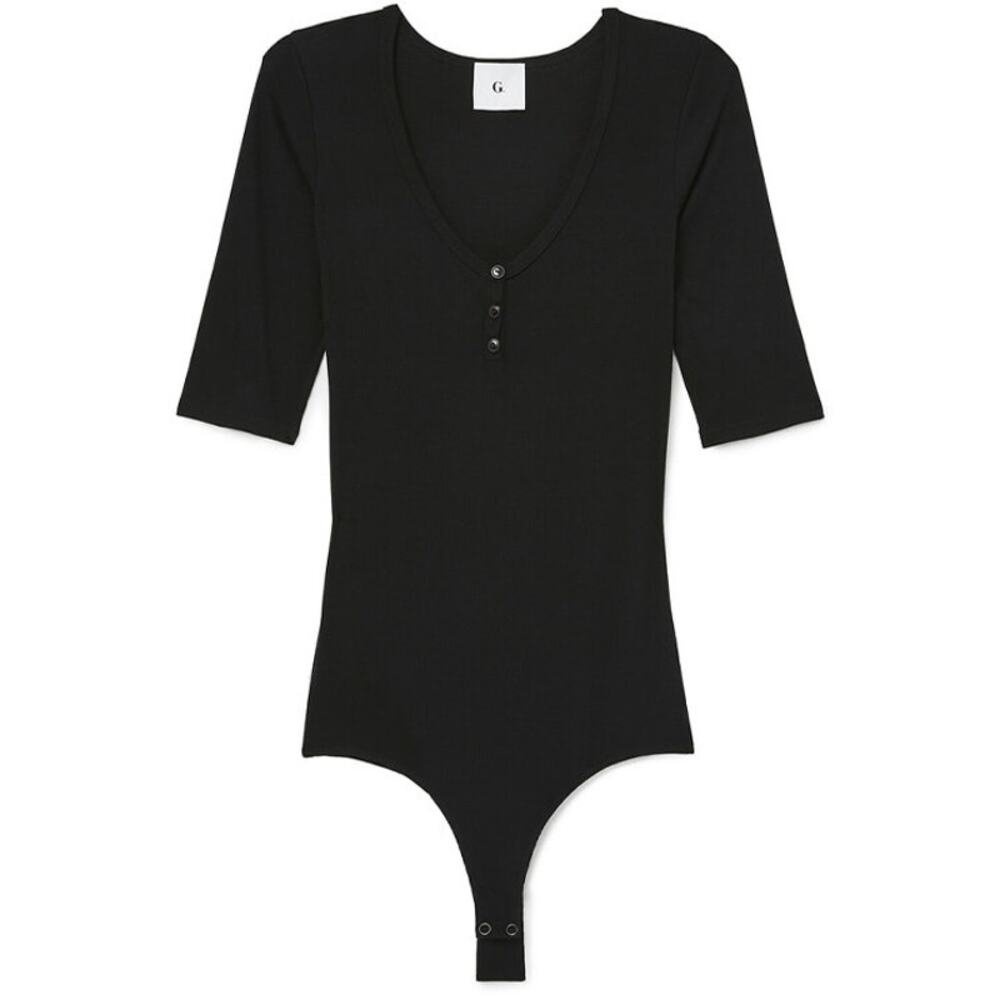 goop G. Label Annika Black Ribbed Modal Henley Bodysuit Small Gwyneth Paltrow